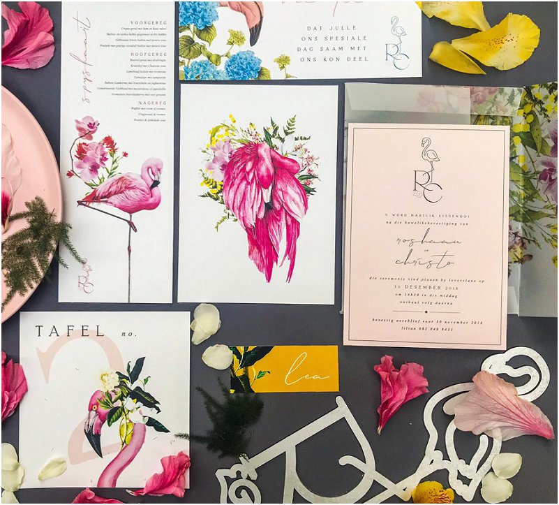 Flamingos inspired wedding stationery