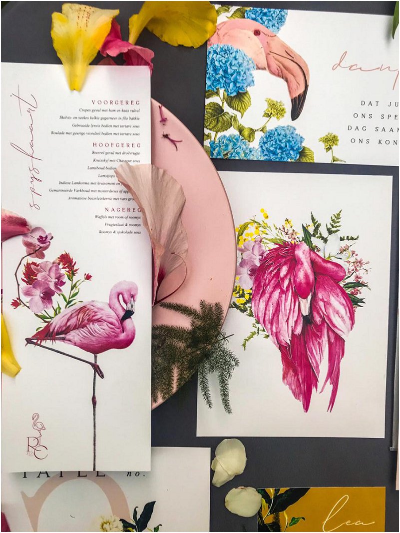 Flamingos inspired wedding stationery