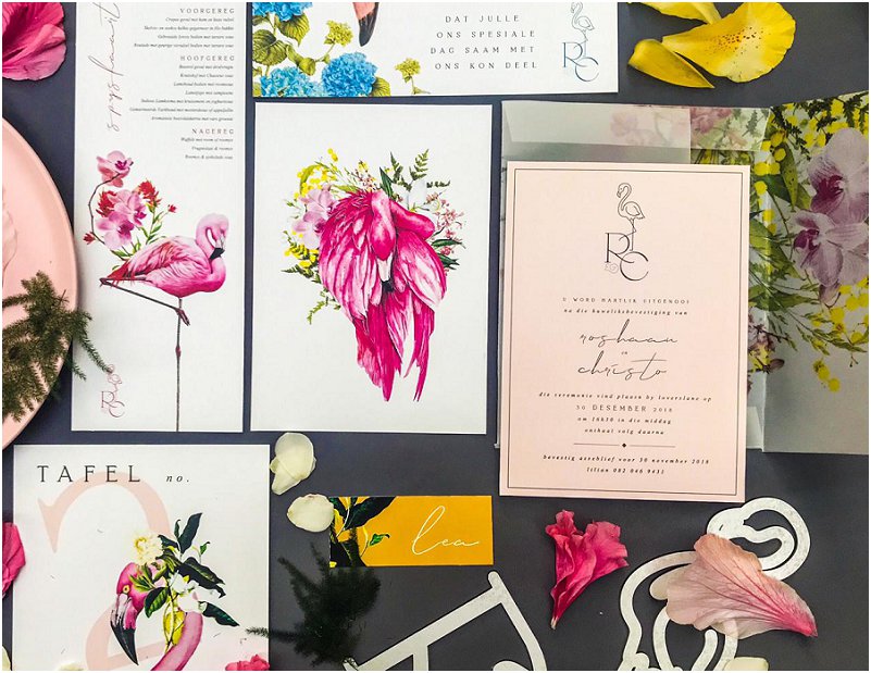 Flamingos inspired wedding stationery