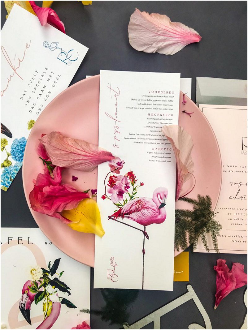 Flamingos inspired wedding stationery