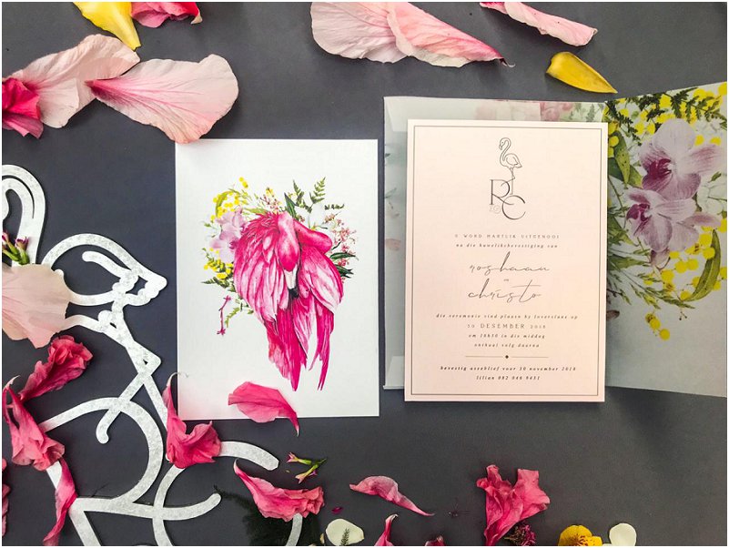 Flamingos inspired wedding stationery