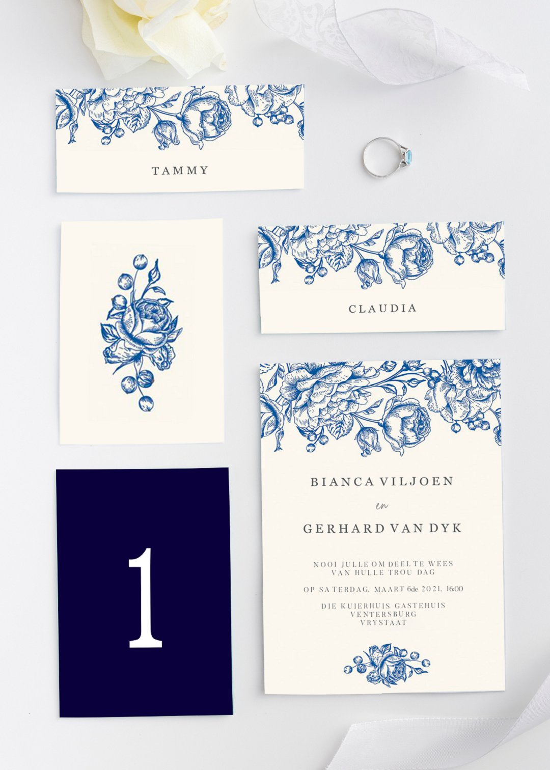 Navy Blue Flower Illustration wedding stationery